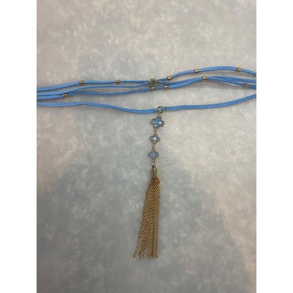 NWOT Ettika 18k Gold Plated Boho Blue Quatrefoil Suede Tassel Choker - Picture 4 of 4